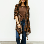 BROWN PRINT KIMONO W/ TASSELS