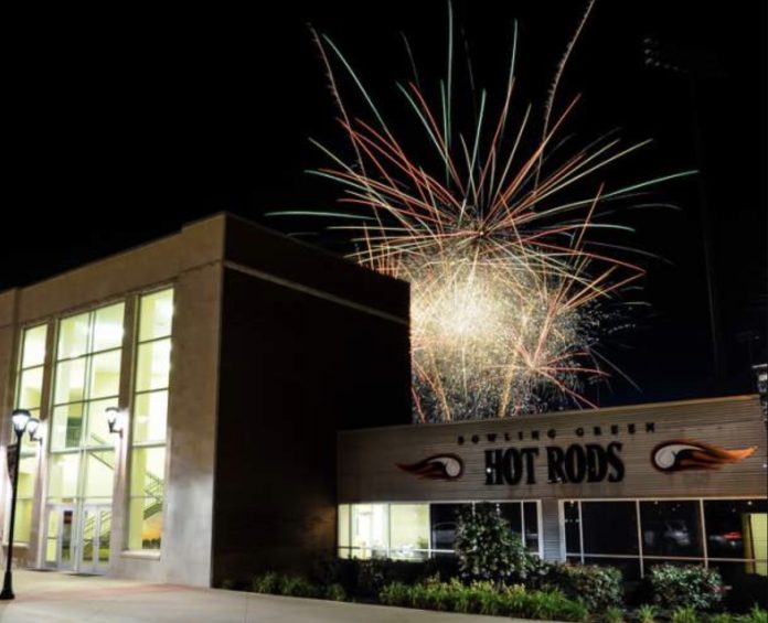 Fireworks above Hot Rods building